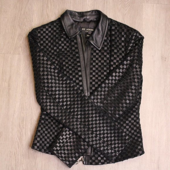 St. John Black Woven Leather Light Jacket Small - Picture 10 of 10